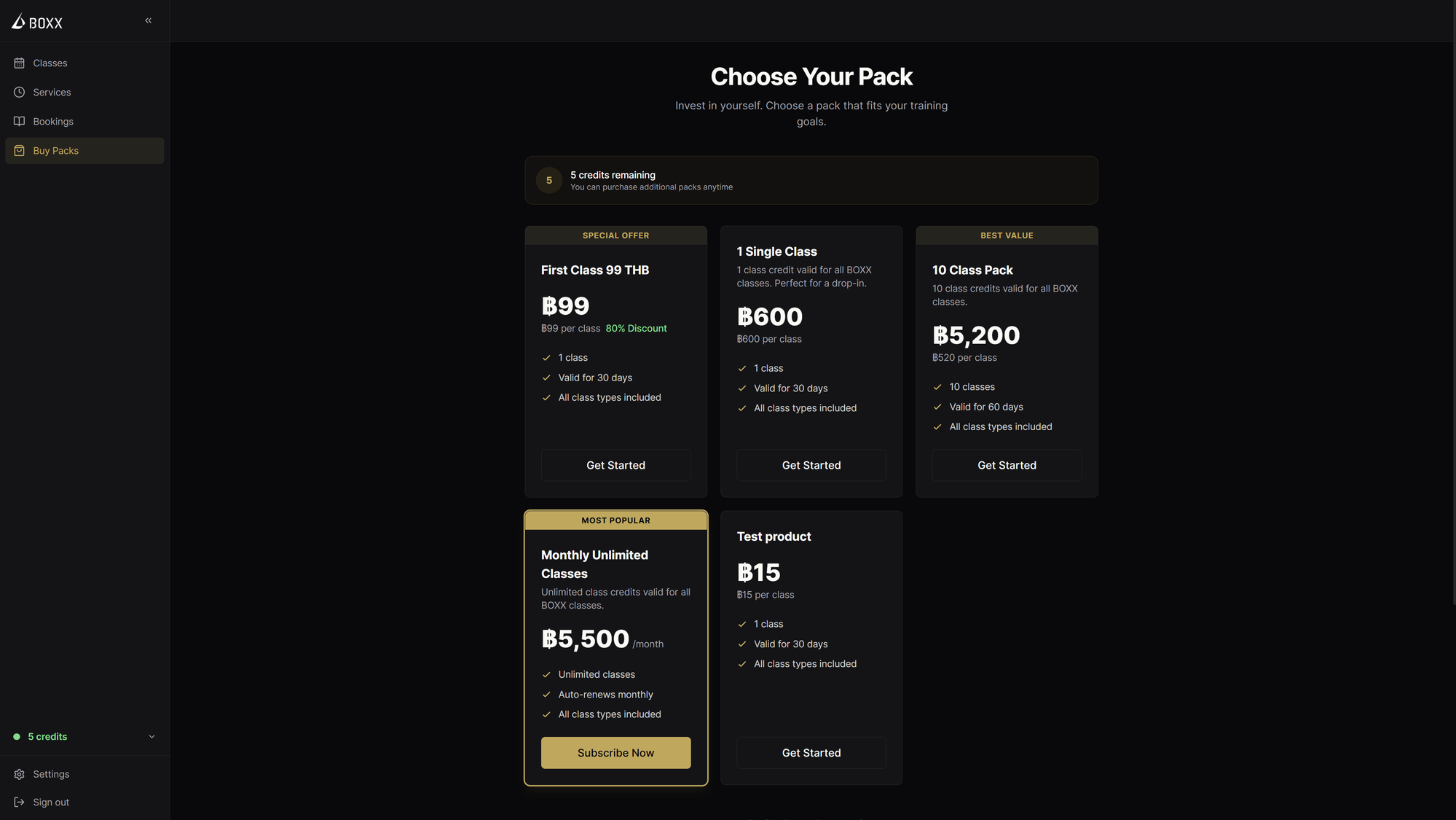 Class packs and pricing with special offers and subscriptions